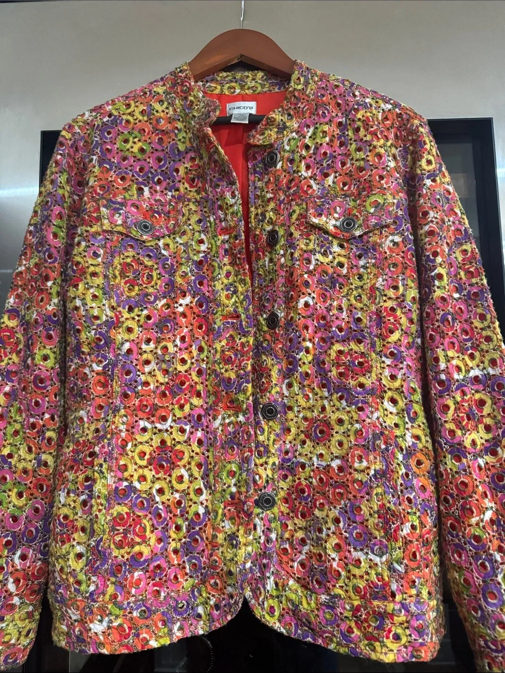 Chico’s Embroidered Multicolor Jacket Boho Art to Wear Cotton Size 3 - Picture 5 of 6